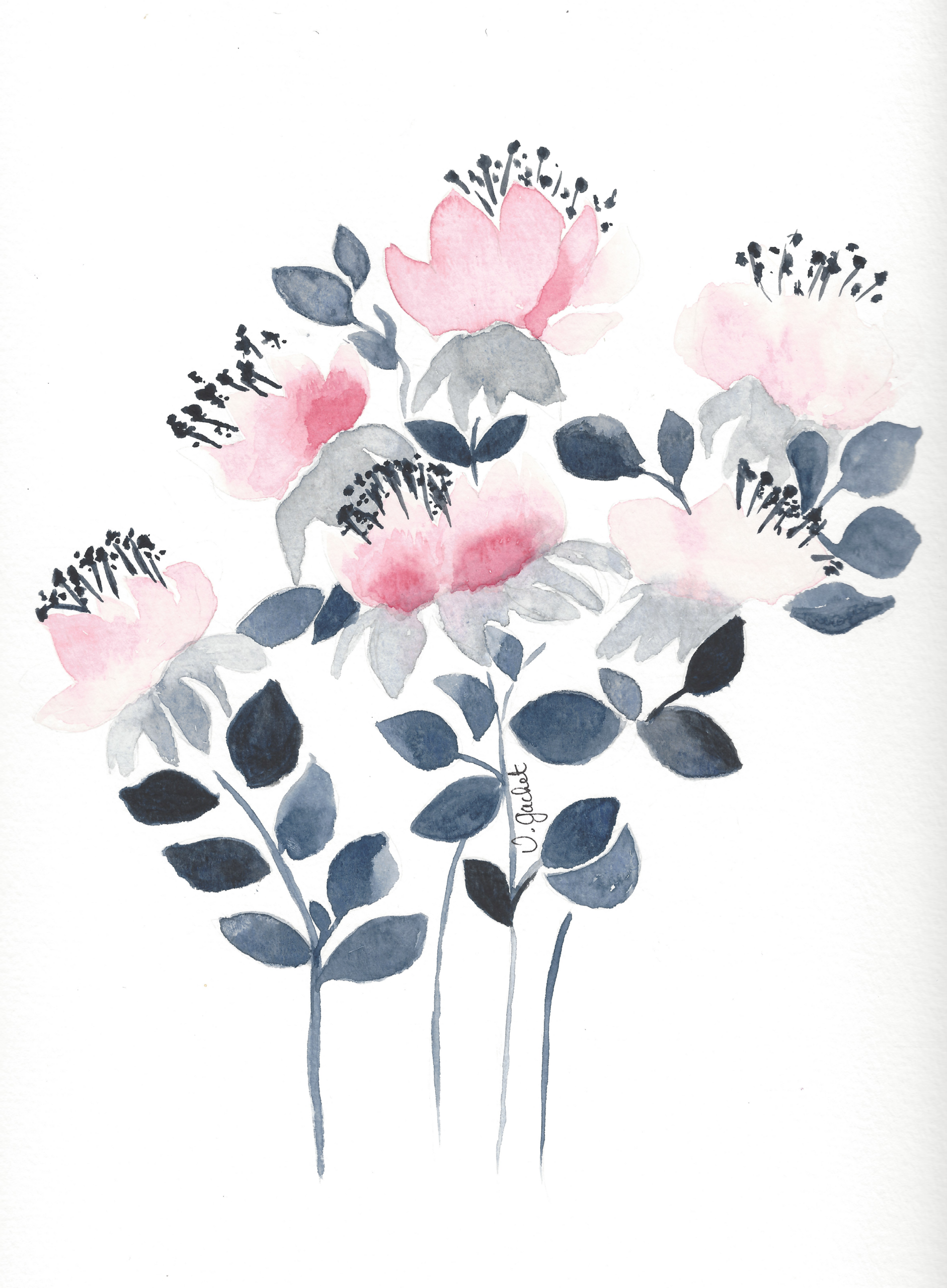 Aquarelle originale de Véronique Gachet, fleurs